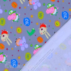 Jersey Stoff Baumwolle Peppa Pig und Emilie Elefant Hintergrund Grau  | Wolf Stoffe
