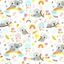 Baumwollstoff Koala auf regenbogenfarbenem Weißer Hintergrund | Wolf Stoffe