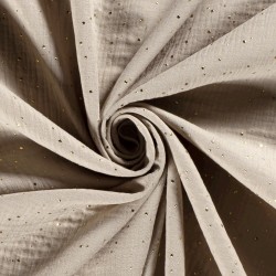 Baumwoll-Doppelgaze-Stoff grau-beige mit goldenen Punkten | Wolf Stoffe