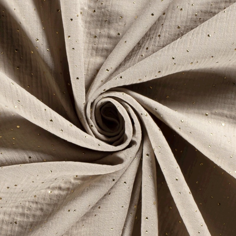 Baumwoll-Doppelgaze-Stoff grau-beige mit goldenen Punkten | Wolf Stoffe