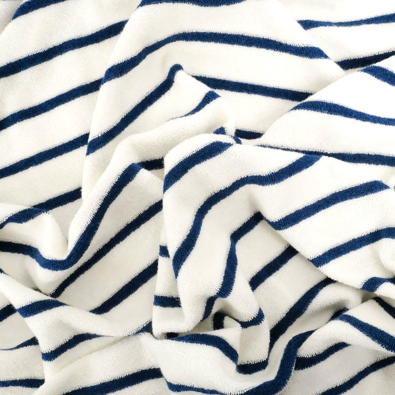Mini-Frottee-Jersey Stoff Streifen Marineblau auf cremeweißem Hintergrund | Wolf Stoffe