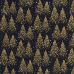 Stof Baumwoll Goldene Weihnachtsbäume  Marineblauer Hintergrund | Wolf Stoffe