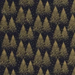 Stof Baumwoll Goldene Weihnachtsbäume  Marineblauer Hintergrund | Wolf Stoffe