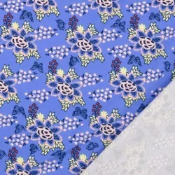 Jerse Stof Blume und Schmetterling leuchtend blauer Hintergrund  | Wolf Stoffe