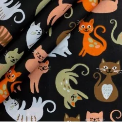 Baumwollstoff entzückende Katzen schwarzer Hintergrund | Wolf Stoffe