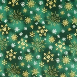 Baumwollstoff Goldene und Weiße Schneeflocken Grüner Hintergrund | Wolf Stoffe