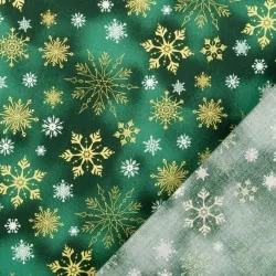 Baumwollstoff Goldene und Weiße Schneeflocken Grüner Hintergrund | Wolf Stoffe