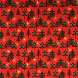 Baumwollstoff Weihnachtsbäume und Goldene Schneeflocken Roter Hintergrund | Wolf Stoffe