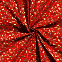 Baumwollstoff Geschenke und Weihnachtskugeln roter Hintergrund | Wolf Stoffe