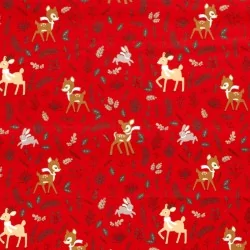 Baumwollstoff Reh Kaninchen und Rentier Weihnachten roter Hintergrund | Wolf Stoffe