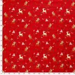 Baumwollstoff Reh Kaninchen und Rentier Weihnachten roter Hintergrund | Wolf Stoffe