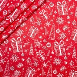 Baumwollstoff Geschenke und Weihnachtsbaum Roter Hintergrund | Wolf Stoffe