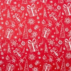 Baumwollstoff Geschenke und Weihnachtsbaum Roter Hintergrund | Wolf Stoffe