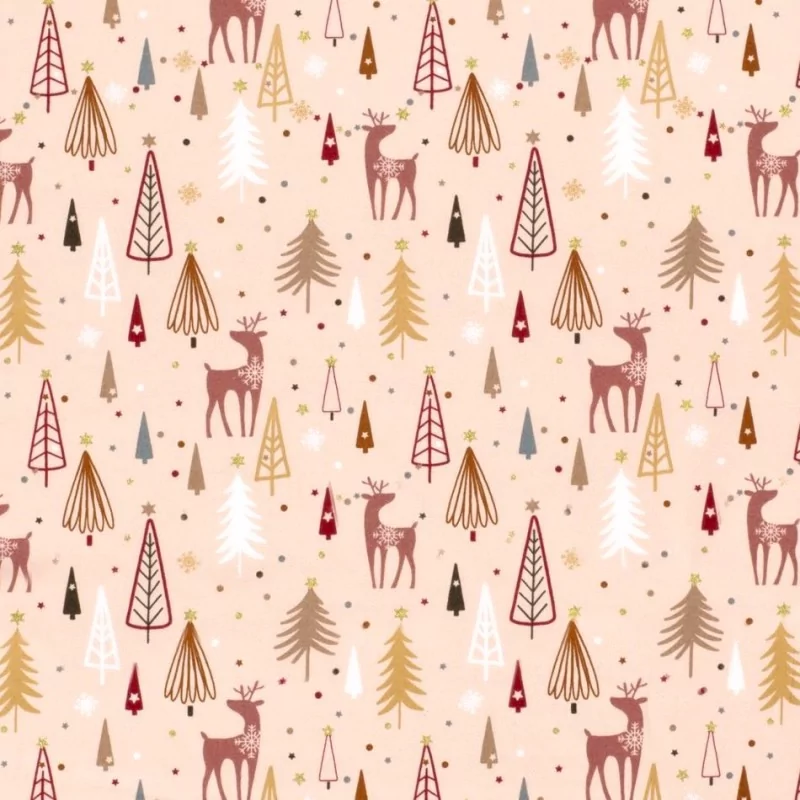 BaumwollStoff Weihnachtsrentier und Tannenbäume puderrosa Hintergrund | Wolf Stoffe