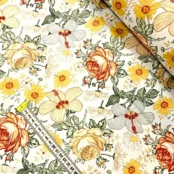 Baumwollstoff Rosen Hibiskus und gelbe Blumen | Wolf Stoffe