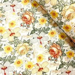 Baumwollstoff Rosen Hibiskus und gelbe Blumen | Wolf Stoffe