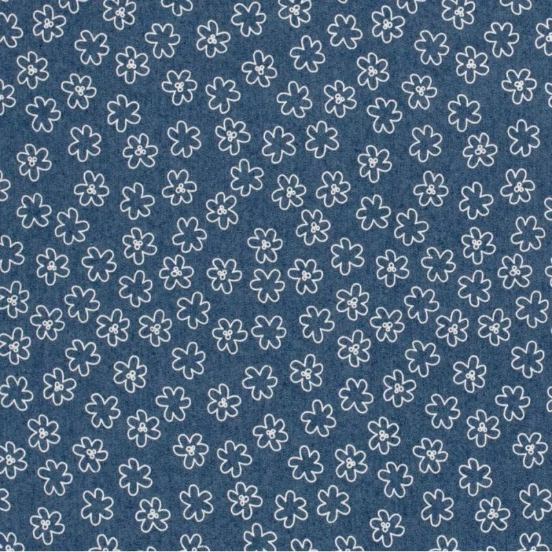 Stretch-Jeansstoff Jean hellblau weiße Blumen | Wolf Stoffe