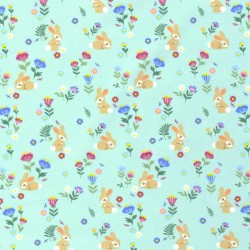 Jersey Stoff Baumwolle Hasen und Blumen türkisfarbenen Hintergrund  | Wolf Stoffe