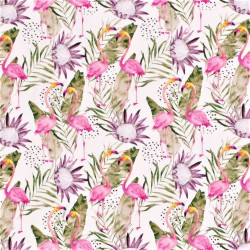 Jersey Stoff Flamingo Rosa und Tropische Protea Blume | Wolf Stoffe