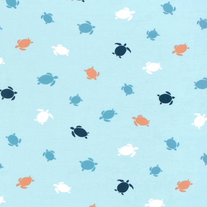 Jersey Stoff Baumwolle Meeresschildkröten türkisblauer Hintergrund  | Wolf Stoffe
