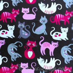 Baumwollstoff Niedliche Katzen Rosa Grau und Weiß schwarzer Hintergrund | Wolf Stoffe