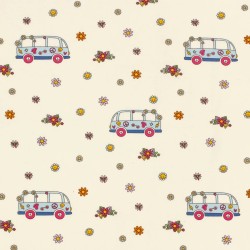 Jersey Stoff Baumwolle VW Bus Peace and Love und Blumen | Wolf Stoffe