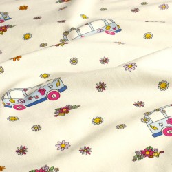 Jersey Stoff Baumwolle VW Bus Peace and Love und Blumen | Wolf Stoffe