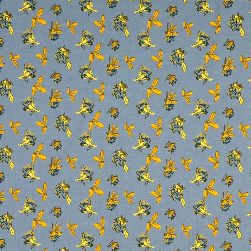 Jersey Stoff Blumenwiese auf Blau-Grauem Hintergrund | Wolf Stoffe