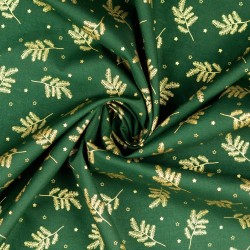 BaumwollStoff Goldene Weihnachtszweige Grüner Hintergrund  | Wolf Stoffe
