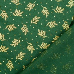 BaumwollStoff Goldene Weihnachtszweige Grüner Hintergrund  | Wolf Stoffe