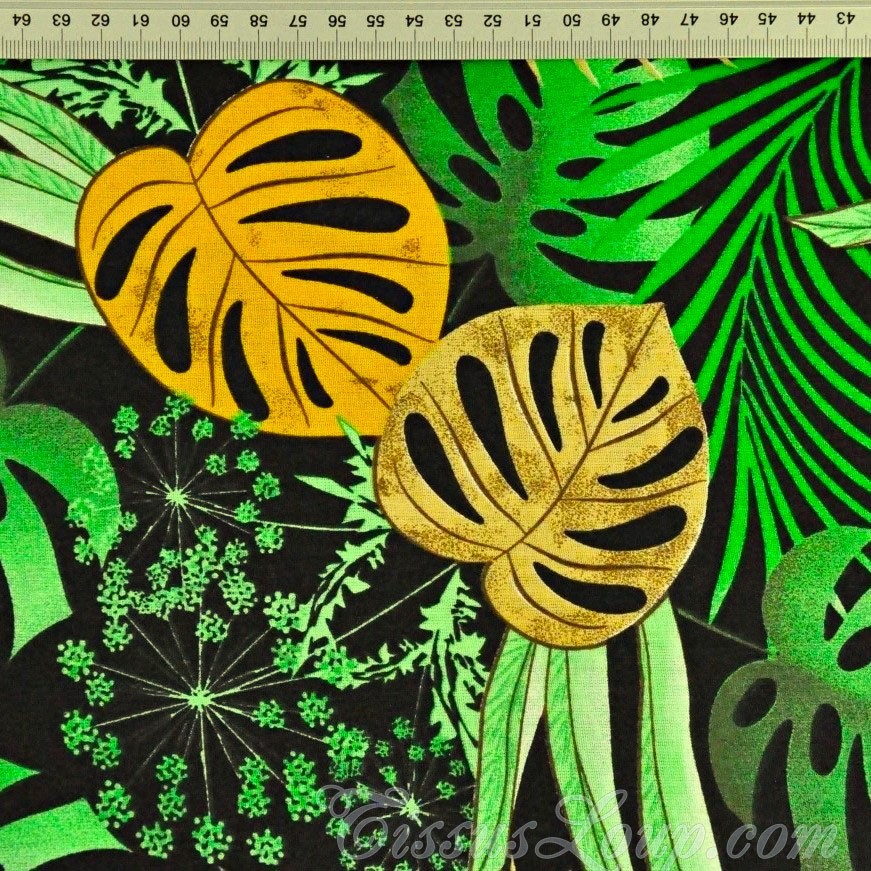 Stoff Monstera Blätter und Palme Schwarzer Hintergrund — 2
