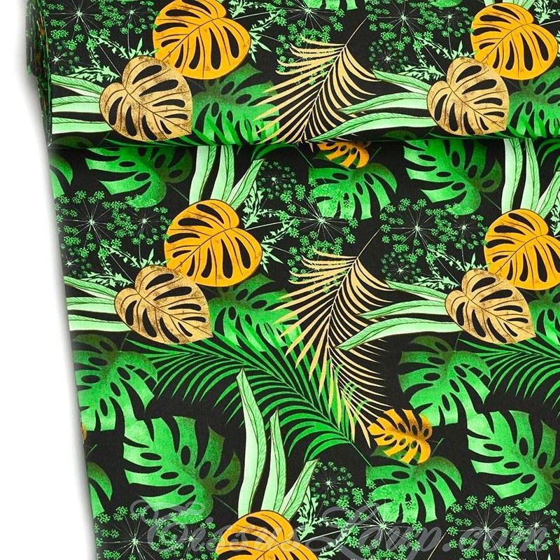 Stoff Monstera Blätter und Palme Schwarzer Hintergrund — 1