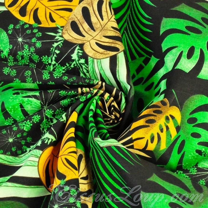 Stoff Monstera Blätter und Palme Schwarzer Hintergrund — 3